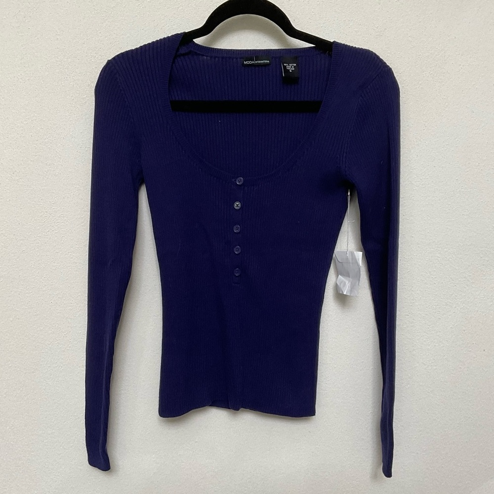 NWOT Moda International Purple Button Front Long Sleeve Top Size Small Stretchy